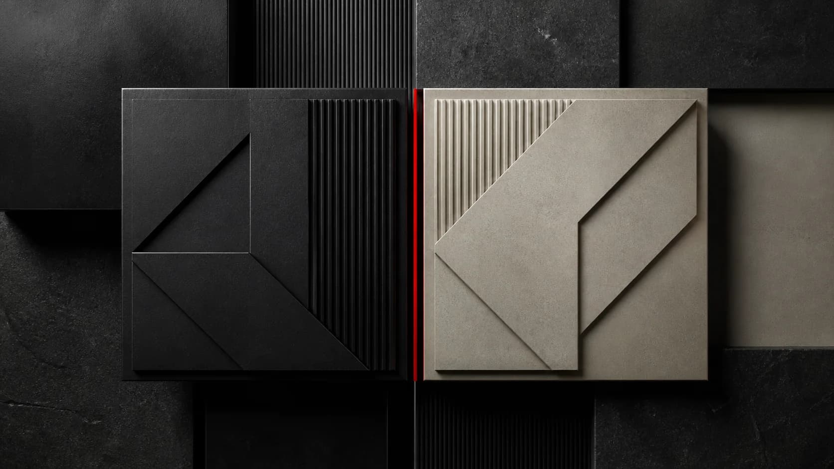 Graphite and bone credential materials divided by a vermilion threshold line